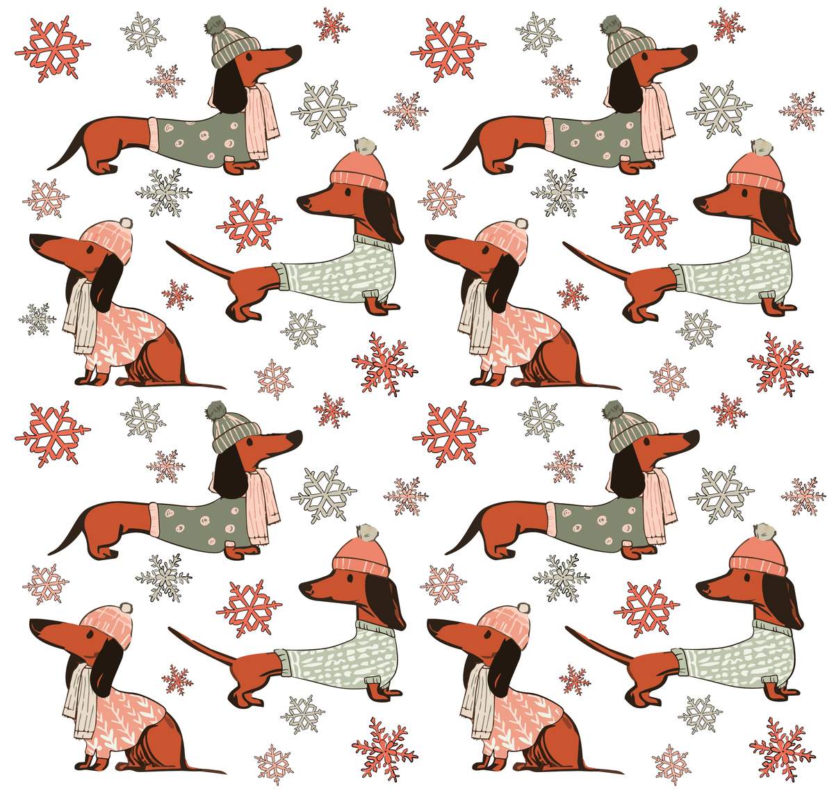 A repeating winter pattern featuring dachshunds wearing knit sweaters, hats, and scarves, interspersed with snowflakes on a white background.
